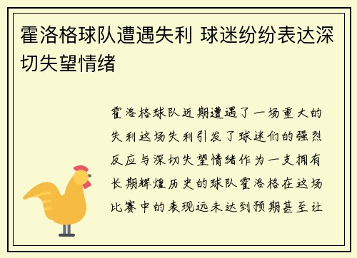 霍洛格球队遭遇失利 球迷纷纷表达深切失望情绪