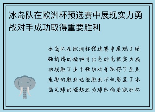 冰岛队在欧洲杯预选赛中展现实力勇战对手成功取得重要胜利