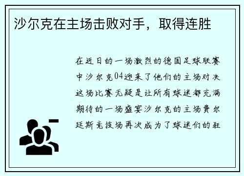 沙尔克在主场击败对手，取得连胜