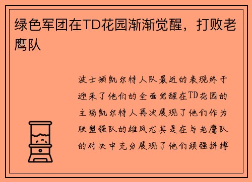 绿色军团在TD花园渐渐觉醒，打败老鹰队