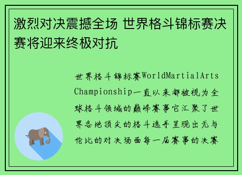 激烈对决震撼全场 世界格斗锦标赛决赛将迎来终极对抗