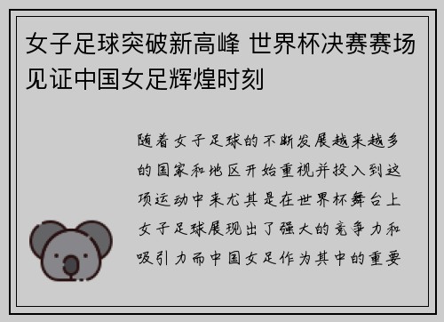 女子足球突破新高峰 世界杯决赛赛场见证中国女足辉煌时刻