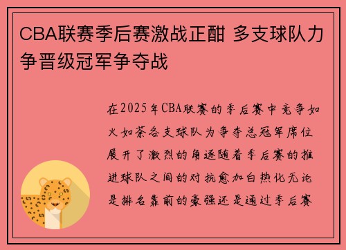 CBA联赛季后赛激战正酣 多支球队力争晋级冠军争夺战